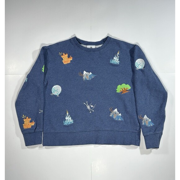Disney Sweatshirt Adult Small Blue Embroidered Icons Crewneck Fleece Pullover - Picture 1 of 9